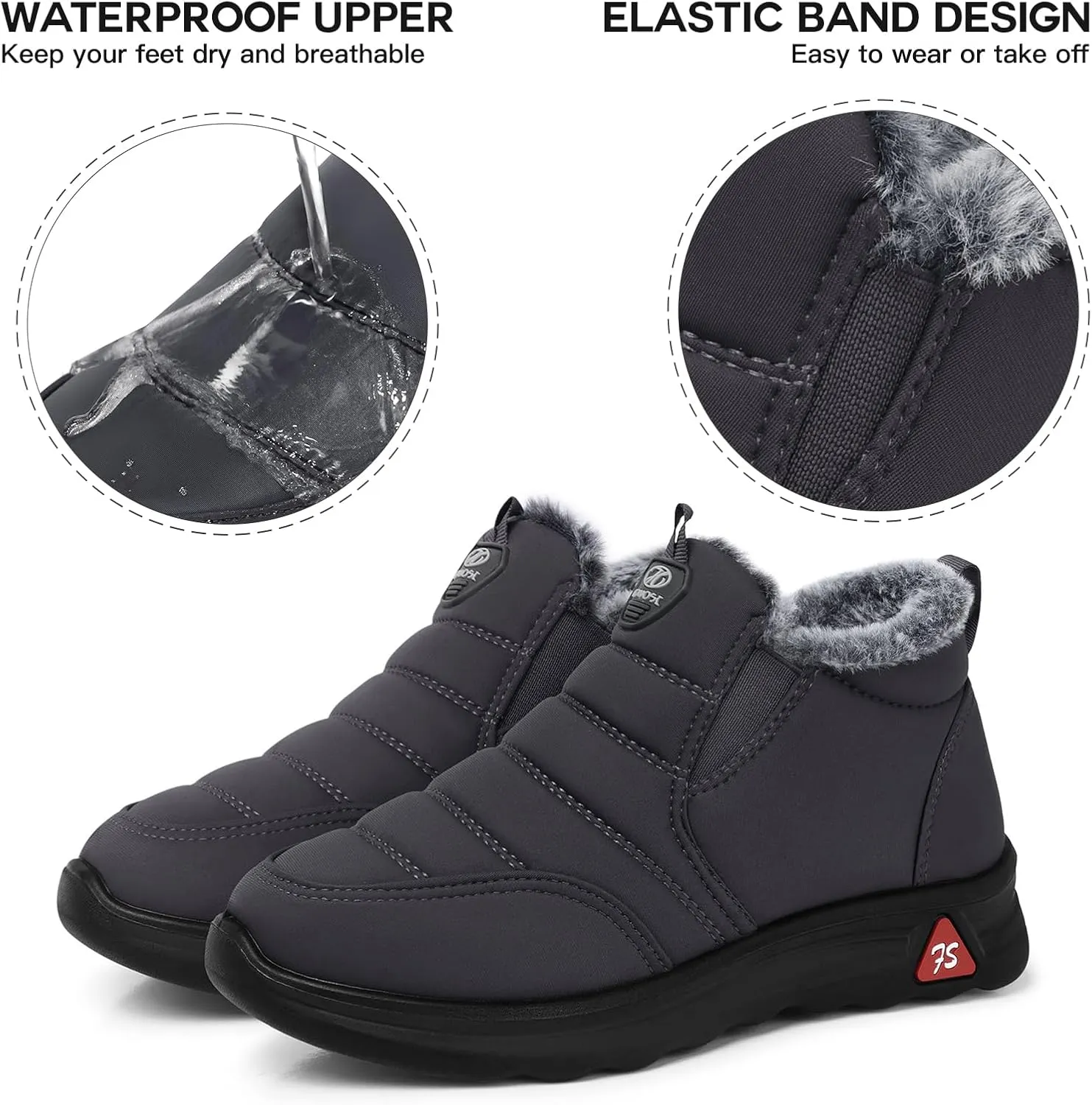 SHIBEVER Winter Boots for Women: Black Warm Fur Lined Slip on Ankle Snow Boots Comfortable Waterproof Outdoor Shoes Size