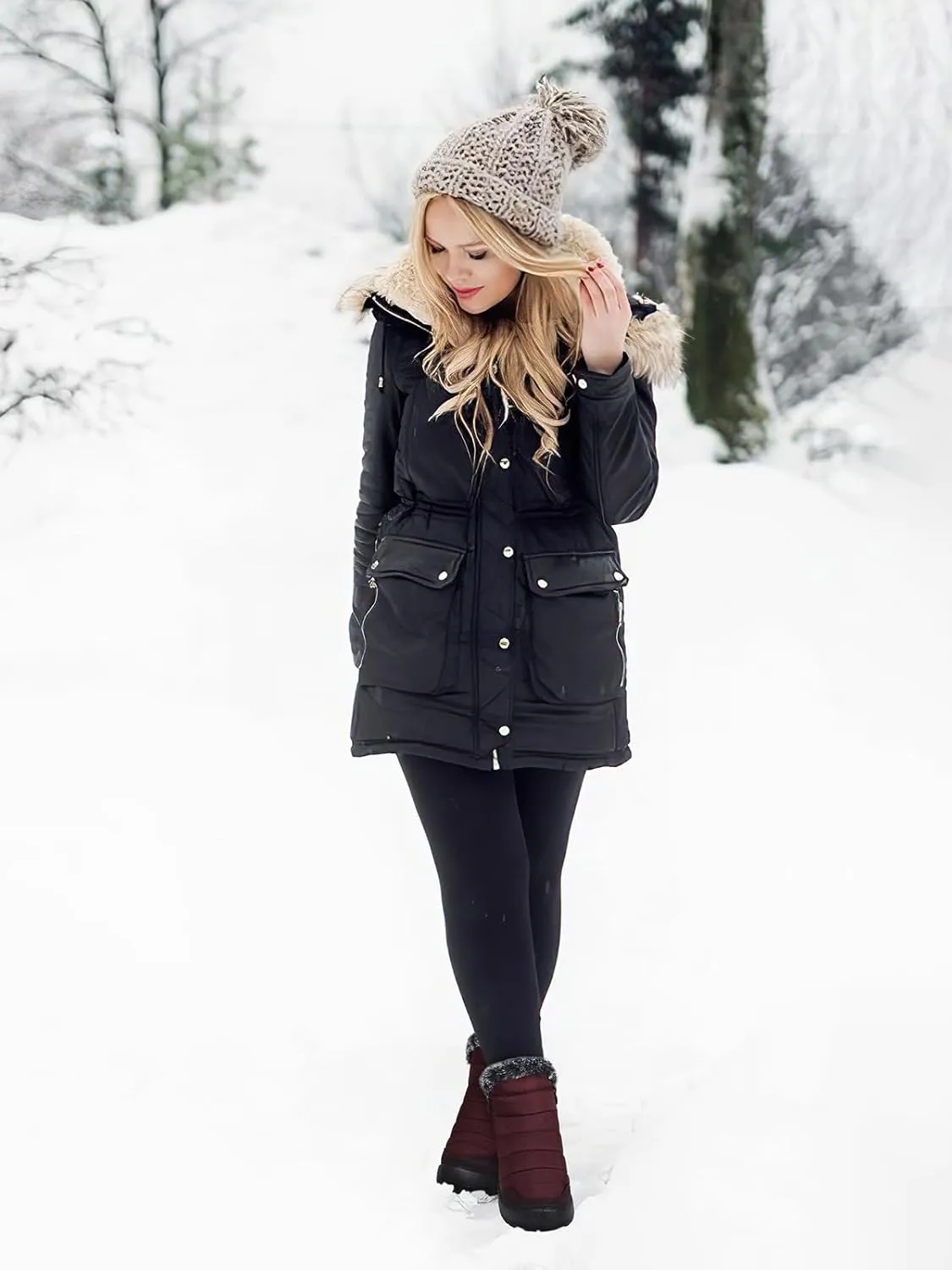 SHIBEVER Winter Boots For Women Snow: Warm Fur Lined Waterproof Ankle Boots - Outdoor Walking Non Slip Booties