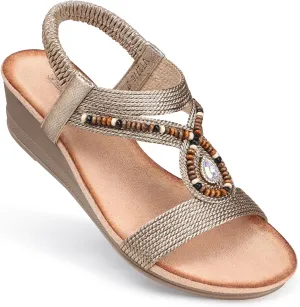 SHIBEVER Womens Wedge Sandals Low: Elastic Ankle Strap Wedge Sandals - Dressy Sandals Women - Comfortable Open Toe