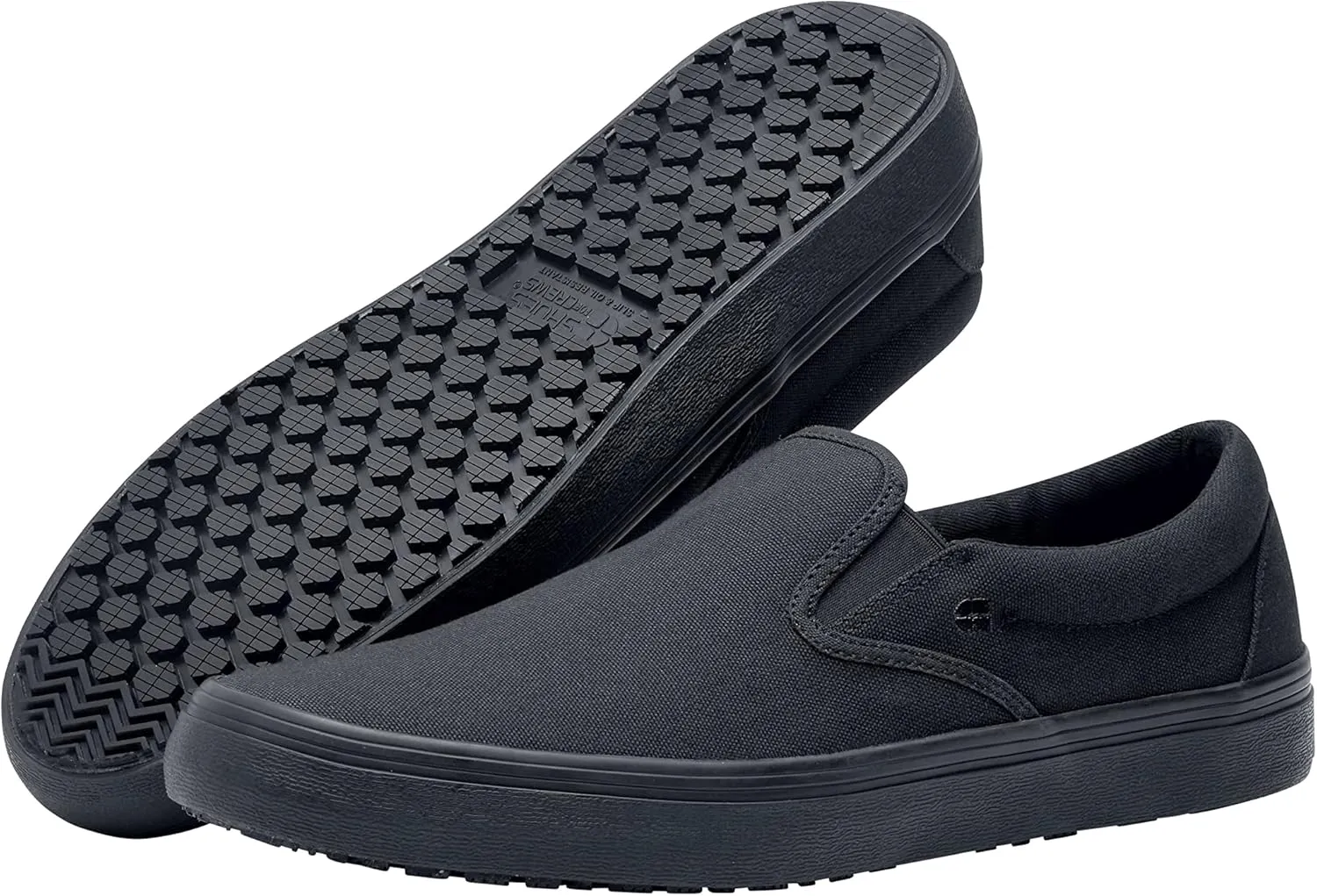 Shoes for Crews Merlin, Slip-On, Men's, Women's, Unisex, Slip Resistant Work Shoes, Black Canvas, Men's Size 13, Women's Size 14.5