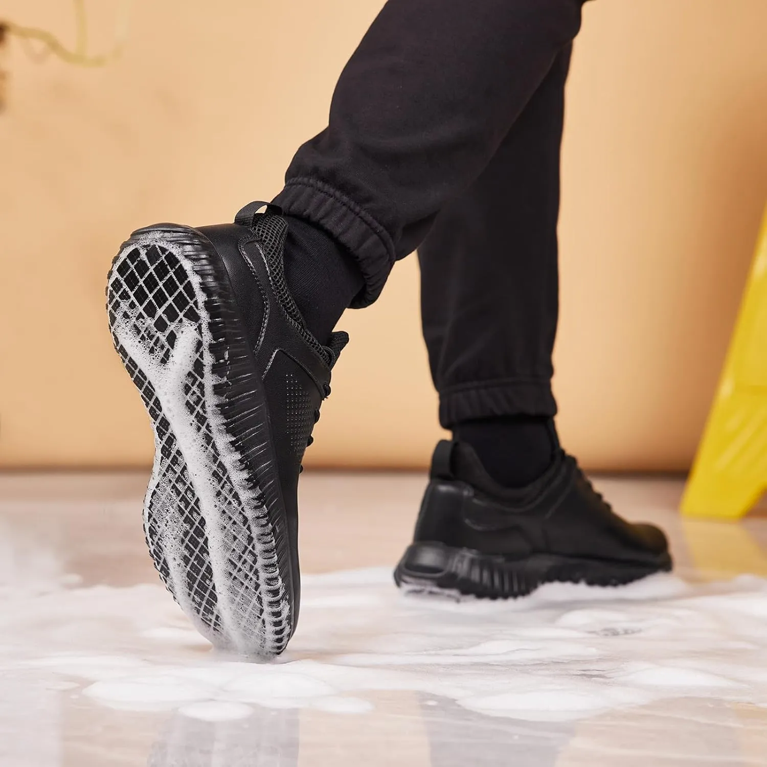 SHULOOK Men's Non Slip Work Shoes Lace Up Slip On Sneakers Waterproof Food Service Kitchen Chef Restaurant Slip Resistant Walking Shoes Lightweight Comfortable Working Footwear