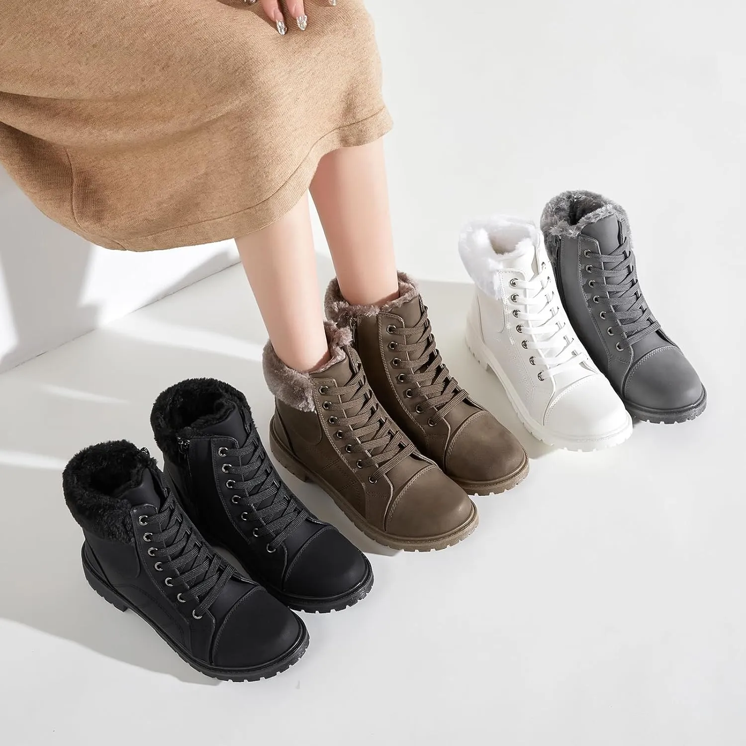 Shupua Winter Ankle Boots for Women Hiking Boots Waterproof Combat Boots Warm Lace Up Boots Snow Bootie Low Heel
