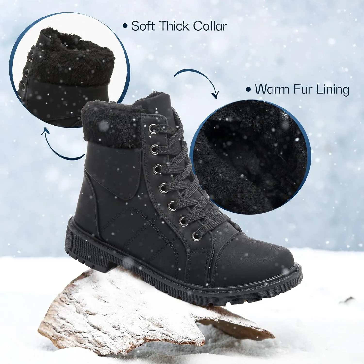 Shupua Winter Ankle Boots for Women Hiking Boots Waterproof Combat Boots Warm Lace Up Boots Snow Bootie Low Heel