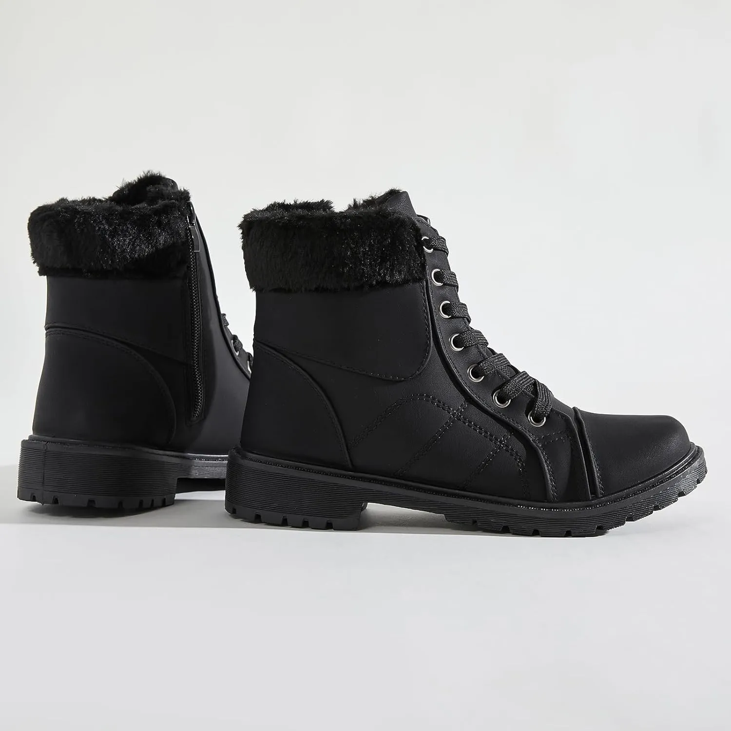 Shupua Winter Ankle Boots for Women Hiking Boots Waterproof Combat Boots Warm Lace Up Boots Snow Bootie Low Heel