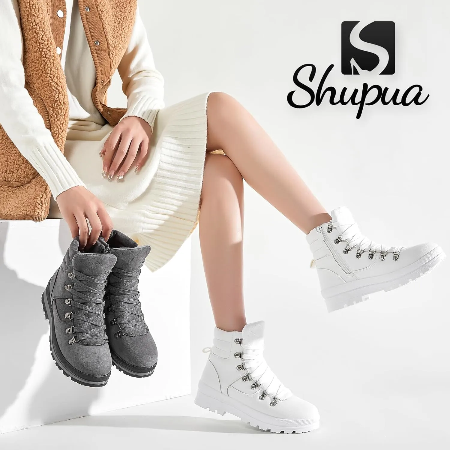 Shupua Women's Ankle Boots Winter Snow boots Fur Lined Warm Booties Girls Snow boot Lace Up Ankle boot
