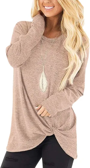 Sieanear Womens Casual Long Sleeve T-Shirts Twist Knot Front Tunic Tops