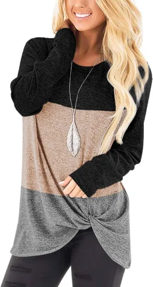 Sieanear Womens Casual Long Sleeve T-Shirts Twist Knot Front Tunic Tops