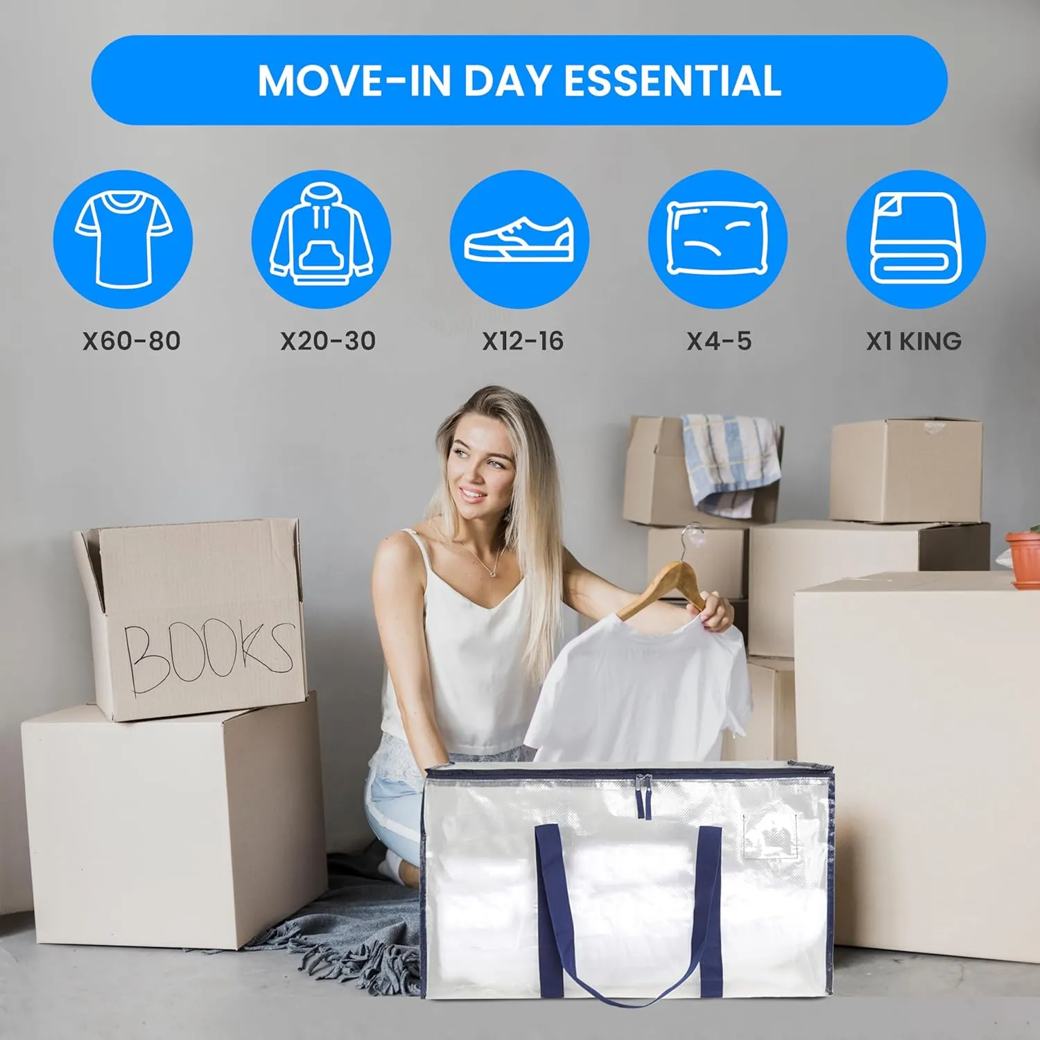 Simple Deluxe 4 Pack Extra Large Moving Bags with Lids, Reinforced Handles and Zippers, Heavy Duty Storage Tote For Moving Travel Camping Space Saving, White