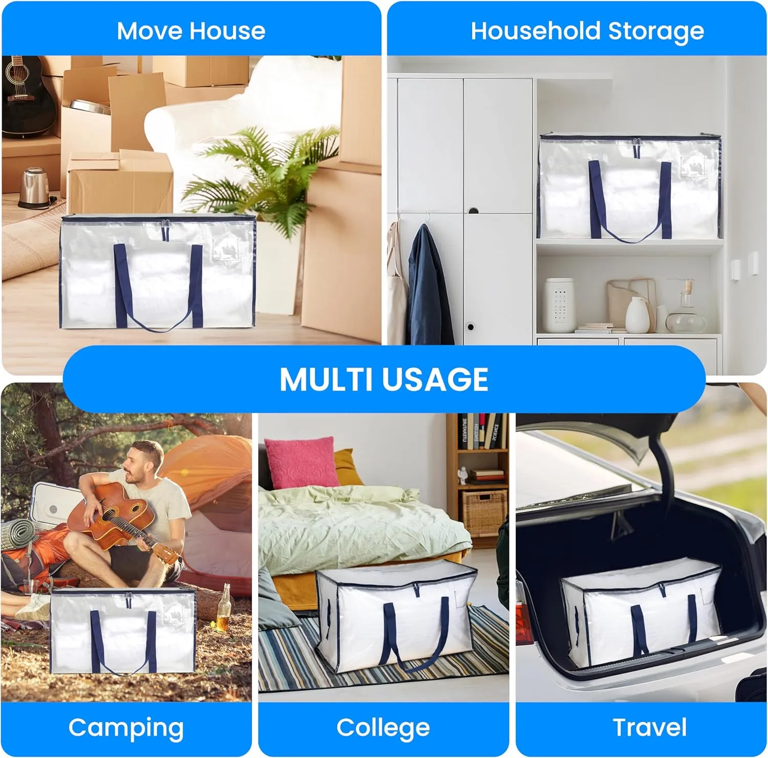 Simple Deluxe 4 Pack Extra Large Moving Bags with Lids, Reinforced Handles and Zippers, Heavy Duty Storage Tote For Moving Travel Camping Space Saving, White