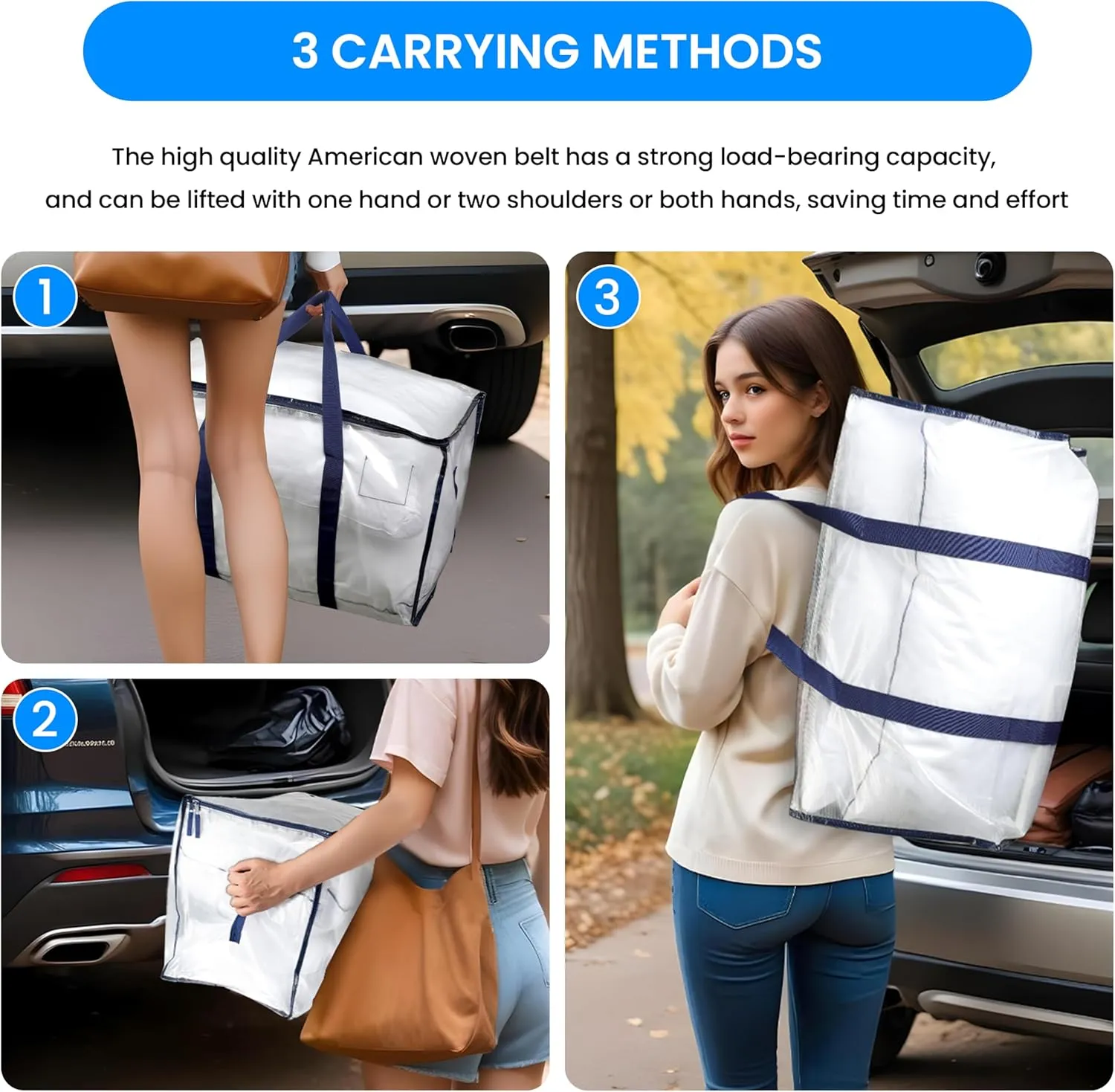 Simple Deluxe 4 Pack Extra Large Moving Bags with Lids, Reinforced Handles and Zippers, Heavy Duty Storage Tote For Moving Travel Camping Space Saving, White
