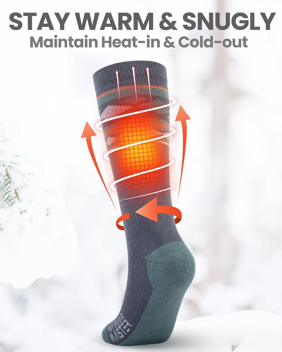 Ski Socks 2-Pack Merino Wool, Over The Calf Non-Slip Cuff for Men & Women