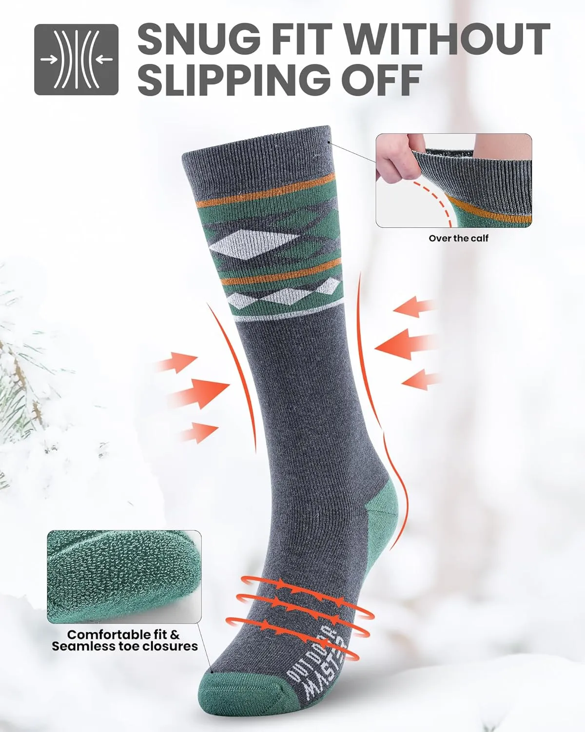 Ski Socks 2-Pack Merino Wool, Over The Calf Non-Slip Cuff for Men & Women