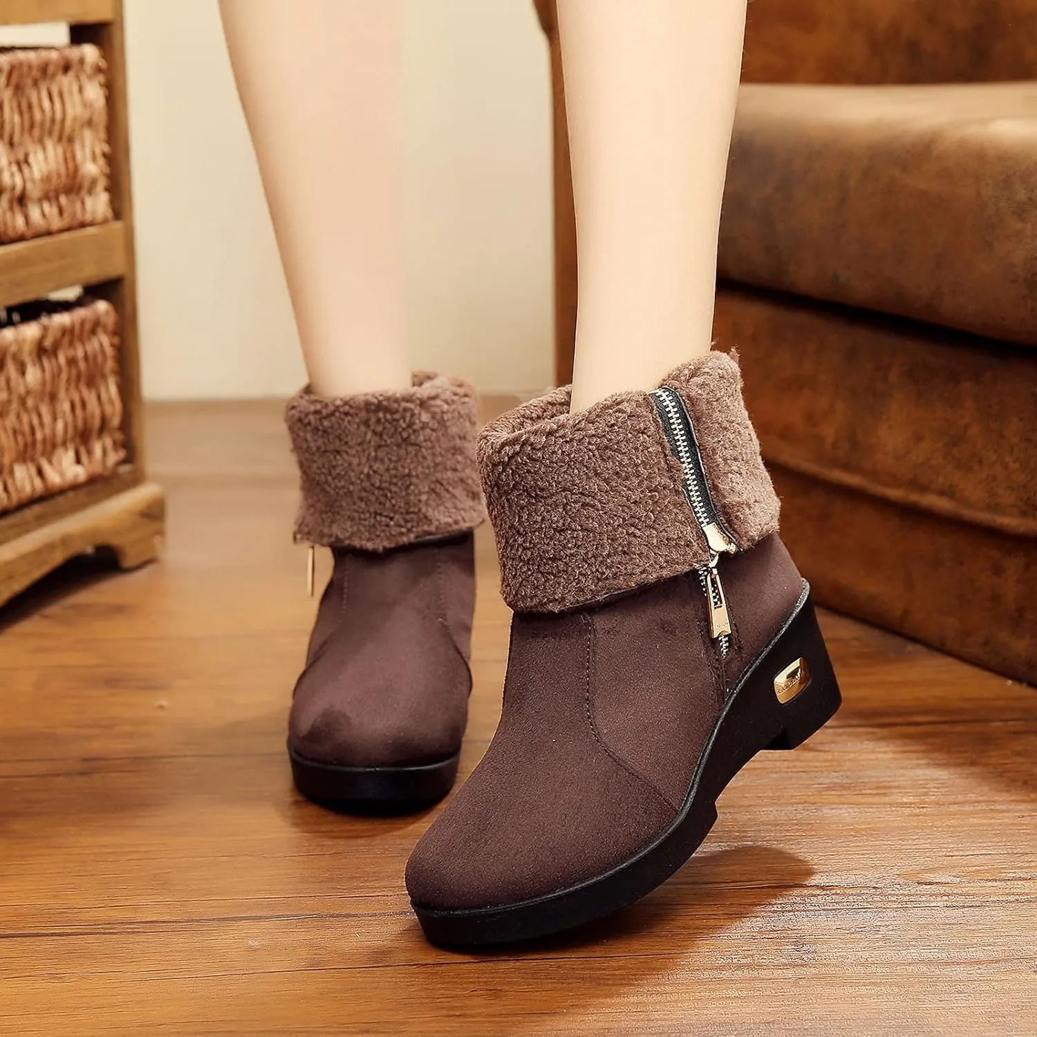 Snow Boots for Women Suede Anti-slip Winter Boots Side Zipper Classic Fuzzy Fur Booties Winter Warm Outdoor Ankle Boots Outdoor Sneakers Winter Shoes