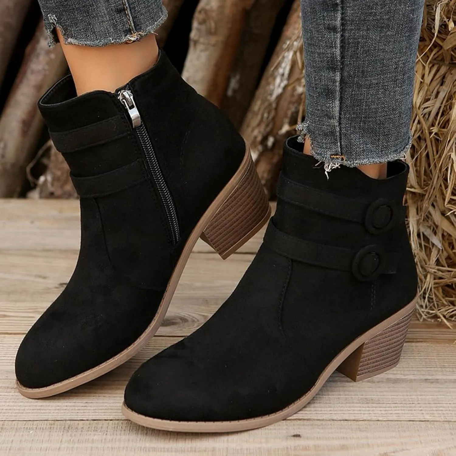 Snow Boots for Women Suede Stacked Chunky Heel Fuzzy Furry Lined Winter Boots Non-Slip Rubber Ankle Booties Classic Slip on Ladies Lightweight Hiking Shoes