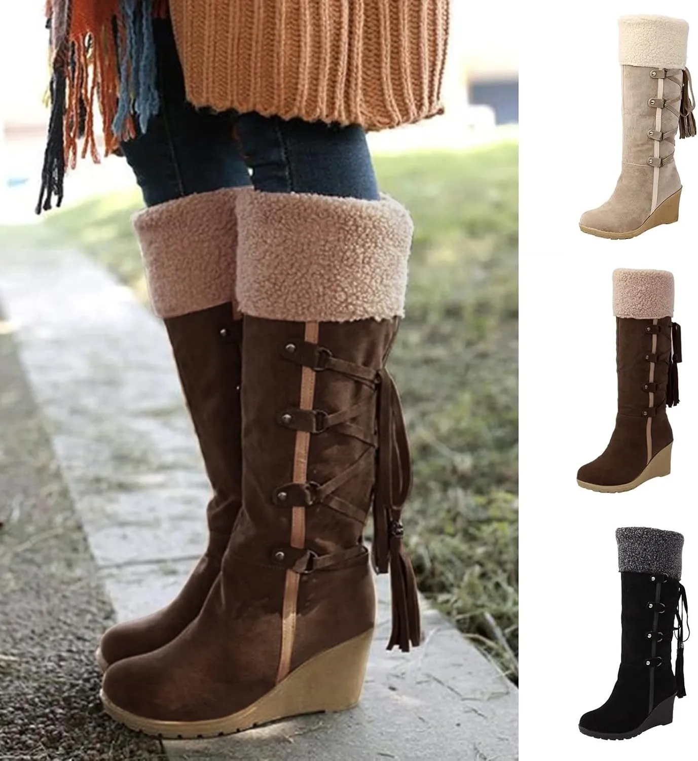 Snow Boots for Women,Warm Winter Shoes Dressy Wedge Boots Slip On Long Boots Retro Riding Shoes Casual Walking Shoes
