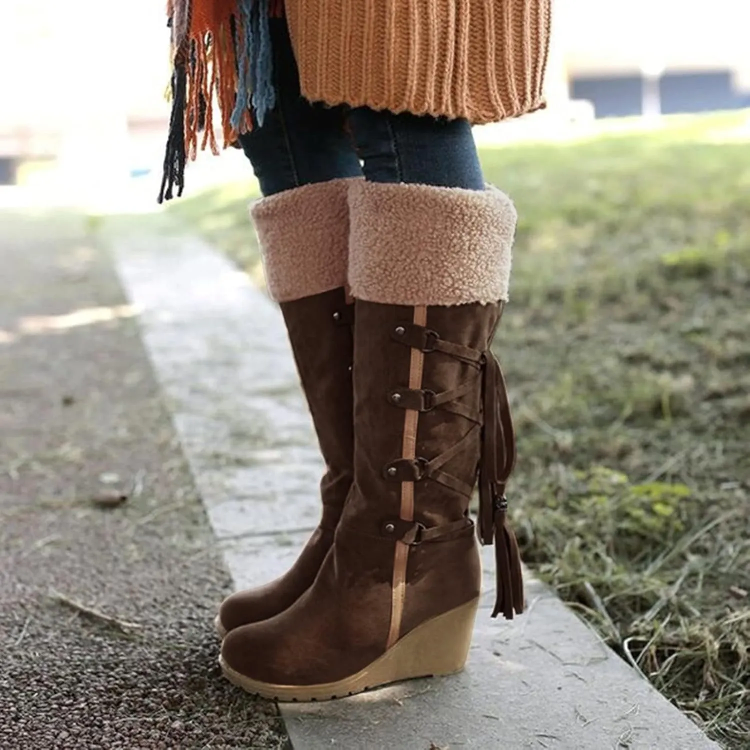 Snow Boots for Women,Warm Winter Shoes Dressy Wedge Boots Slip On Long Boots Retro Riding Shoes Casual Walking Shoes