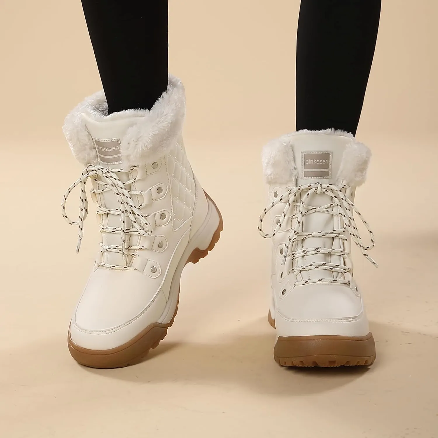 Snow Boots Women Non-Slip Insulated Faux Fur Winter Shoes with Lace