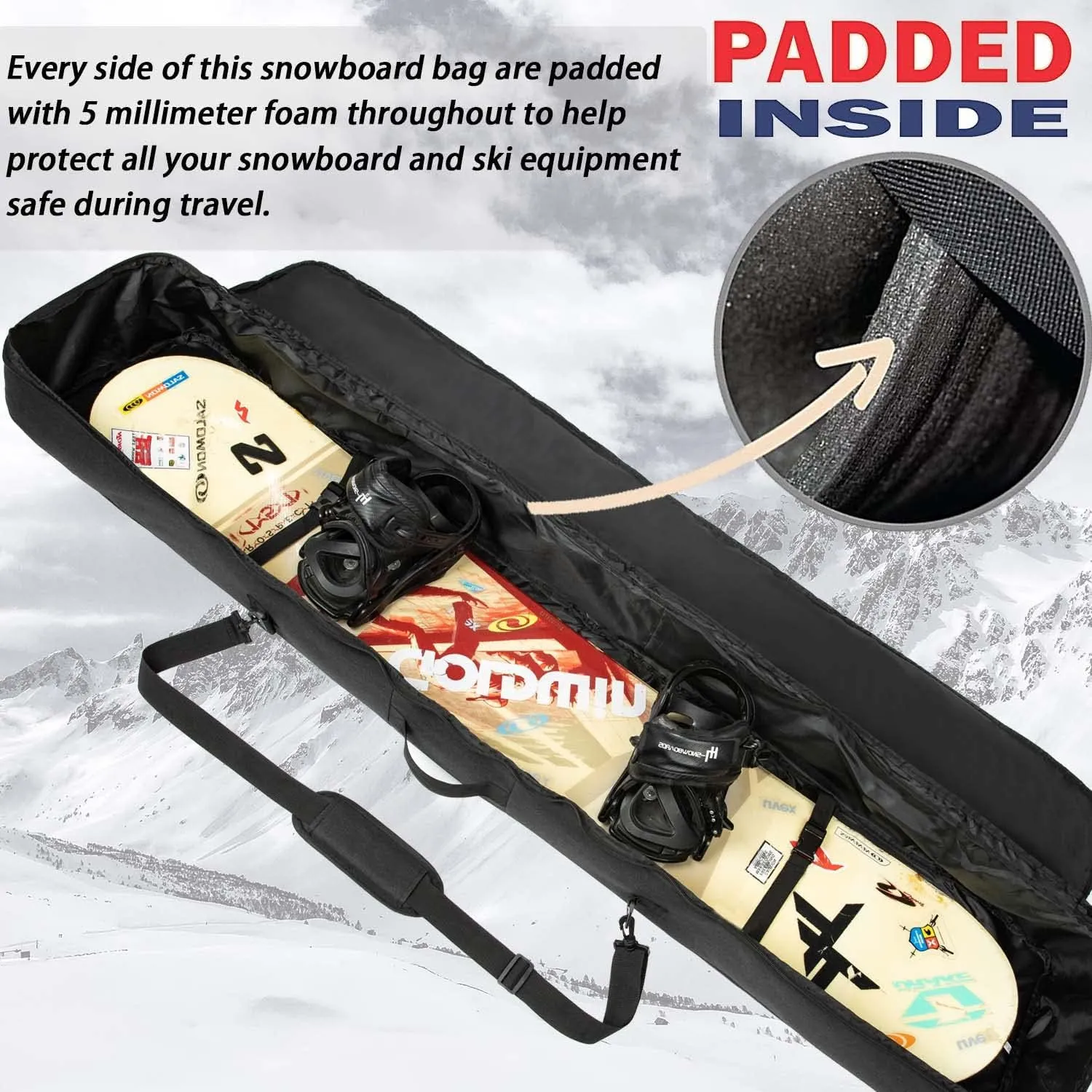 Snowboard Bag Reinforced Padded snowboard Bag,Perfect for Air Plane Travel for Snowboard, Goggles, Gloves,Ski boots,Available Length in 155cm 165cm.