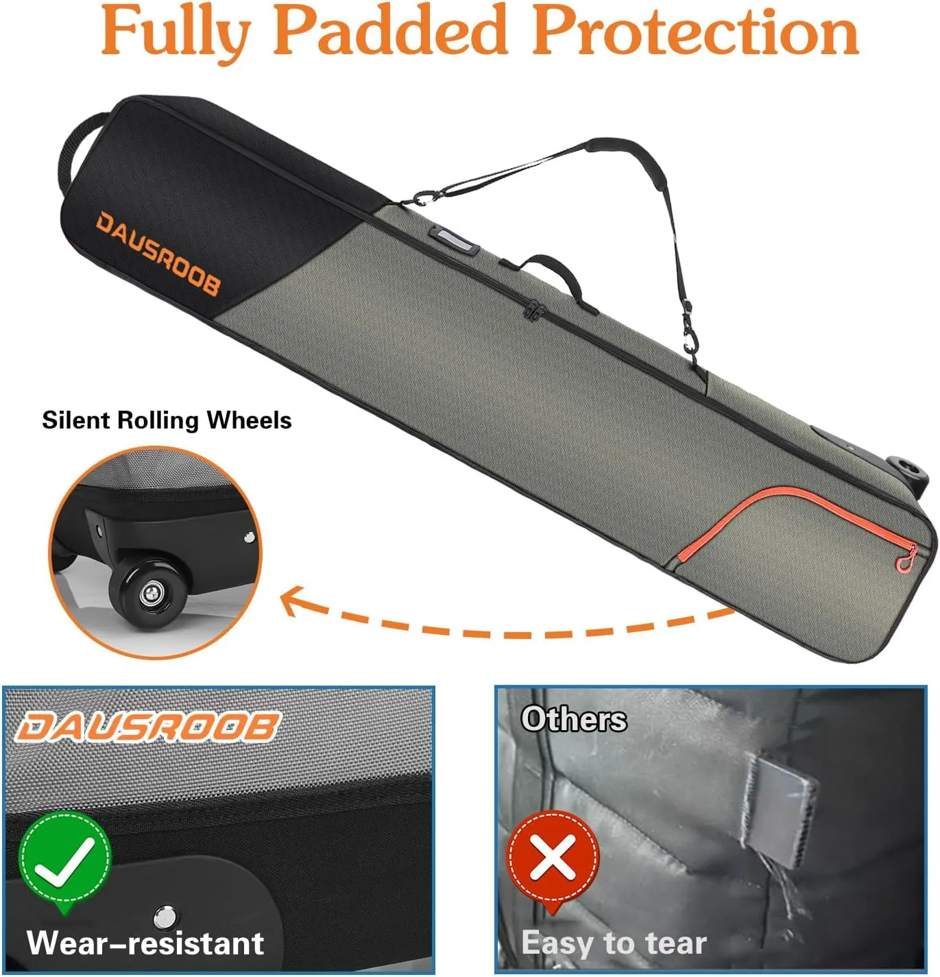 Snowboard Bag with Wheels, Fully Padded Ski Bag for Air Travel 1680D Waterproof Fabric, Rolling Ski Travel Bag for Flying, Durable, Large Capacity for Skis, Boots and Helmets