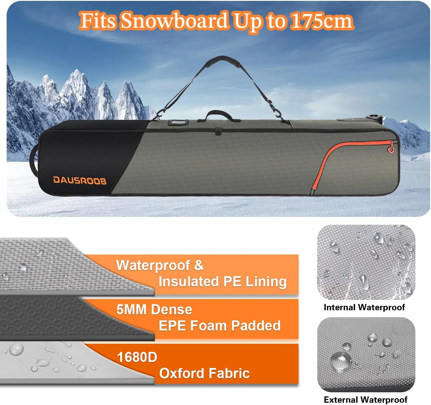 Snowboard Bag with Wheels, Fully Padded Ski Bag for Air Travel 1680D Waterproof Fabric, Rolling Ski Travel Bag for Flying, Durable, Large Capacity for Skis, Boots and Helmets