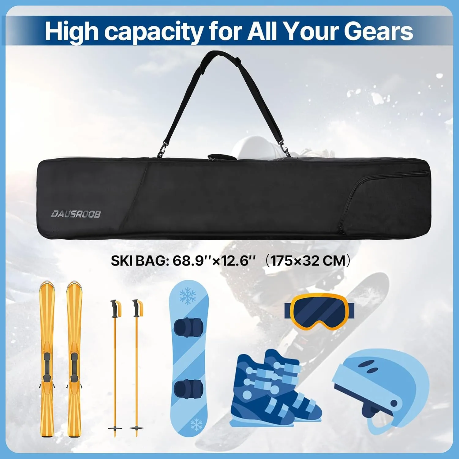 Snowboard Bag with Wheels, Fully Padded Ski Bag for Air Travel 1680D Waterproof Fabric, Rolling Ski Travel Bag for Flying, Durable, Large Capacity for Skis, Boots and Helmets