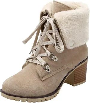 SO SIMPOK Womens Lace Up Fur Winter Snow Boots Block Heel Ankle Boots Warm Suede Outdoor Chunky Heel Booties Beige