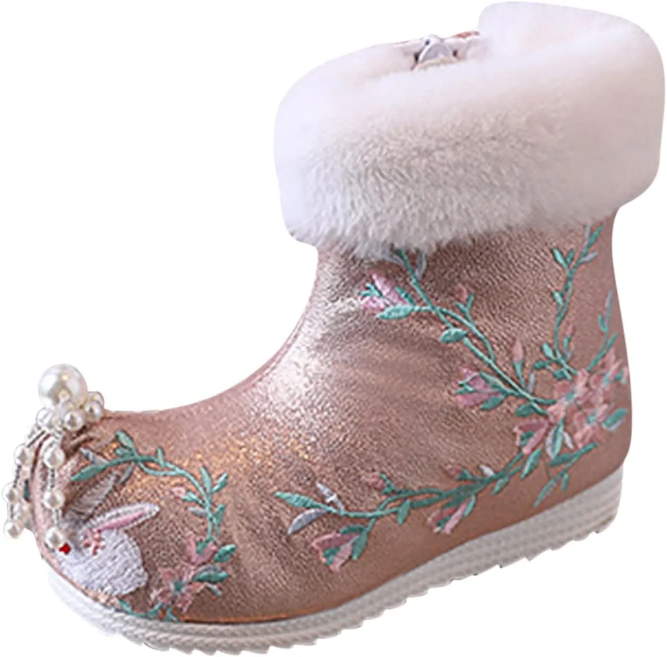 Soft Bottom Boots Baby Girls Ankle Pearl Boots Warm Cotton Boots Embroidered Boots National Boots (B, 11 Little Child)