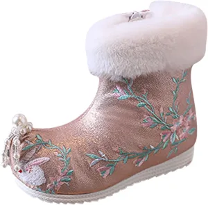 Soft Bottom Boots Baby Girls Ankle Pearl Boots Warm Cotton Boots Embroidered Boots National Boots (B, 11 Little Child)
