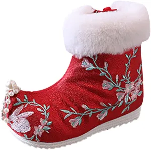 Soft Bottom Boots Baby Girls Ankle Pearl Boots Warm Cotton Boots Embroidered Boots National Boots Cotton (A, 4 Big Kids)