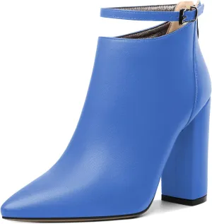 Soireelady Women Ankle Boots Pointed Toe Block Heel Ankle Booties Chunky High Heel Ankle Boots Classic Ankle Booties with Zipper Comfortable Adjustable Strap Ankle Boots
