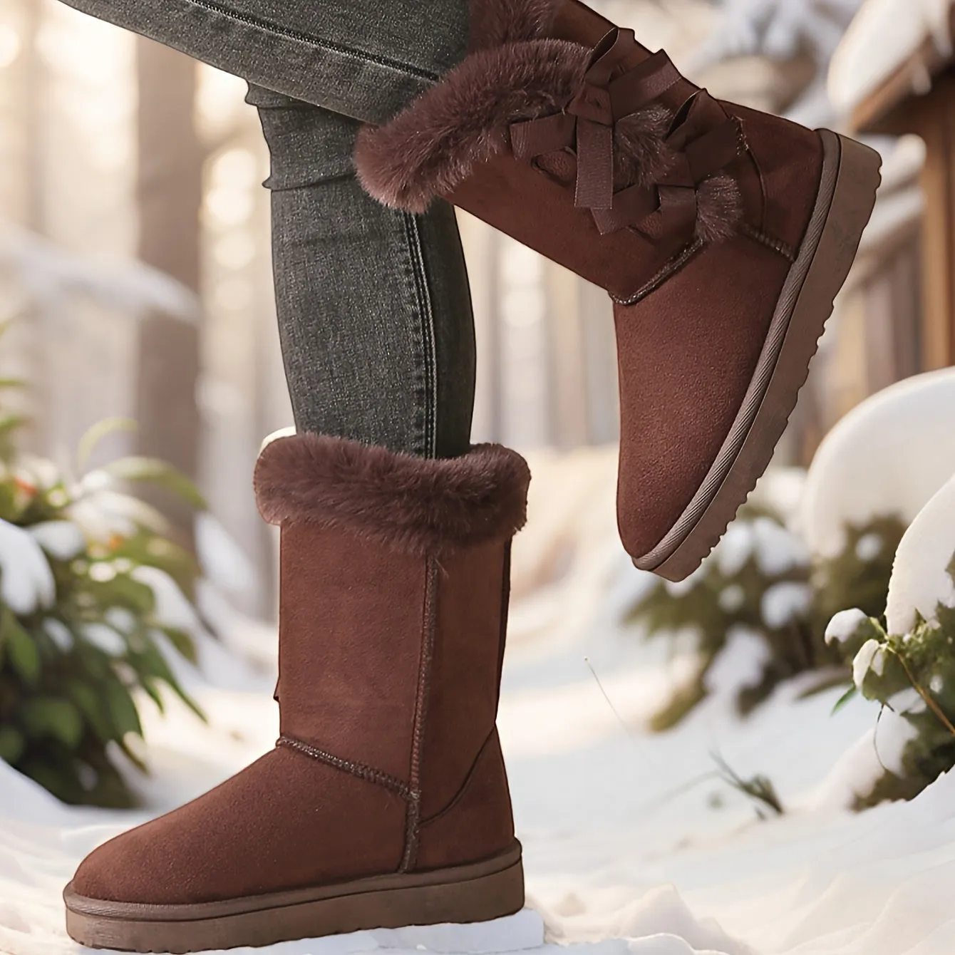 Solid Color Womens Fabric Snow Boots with Faux Fur Trim