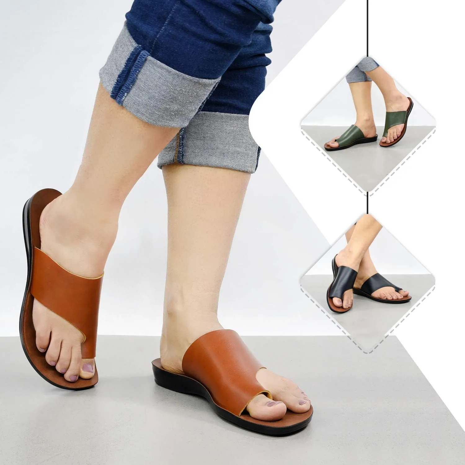 Split Toe Strap Man-Made Leather Ladies Cute Slides Outdoor Travel Dressy Flats Comfortable Walking Casual Summer Sandals for Women Fashion Footwear