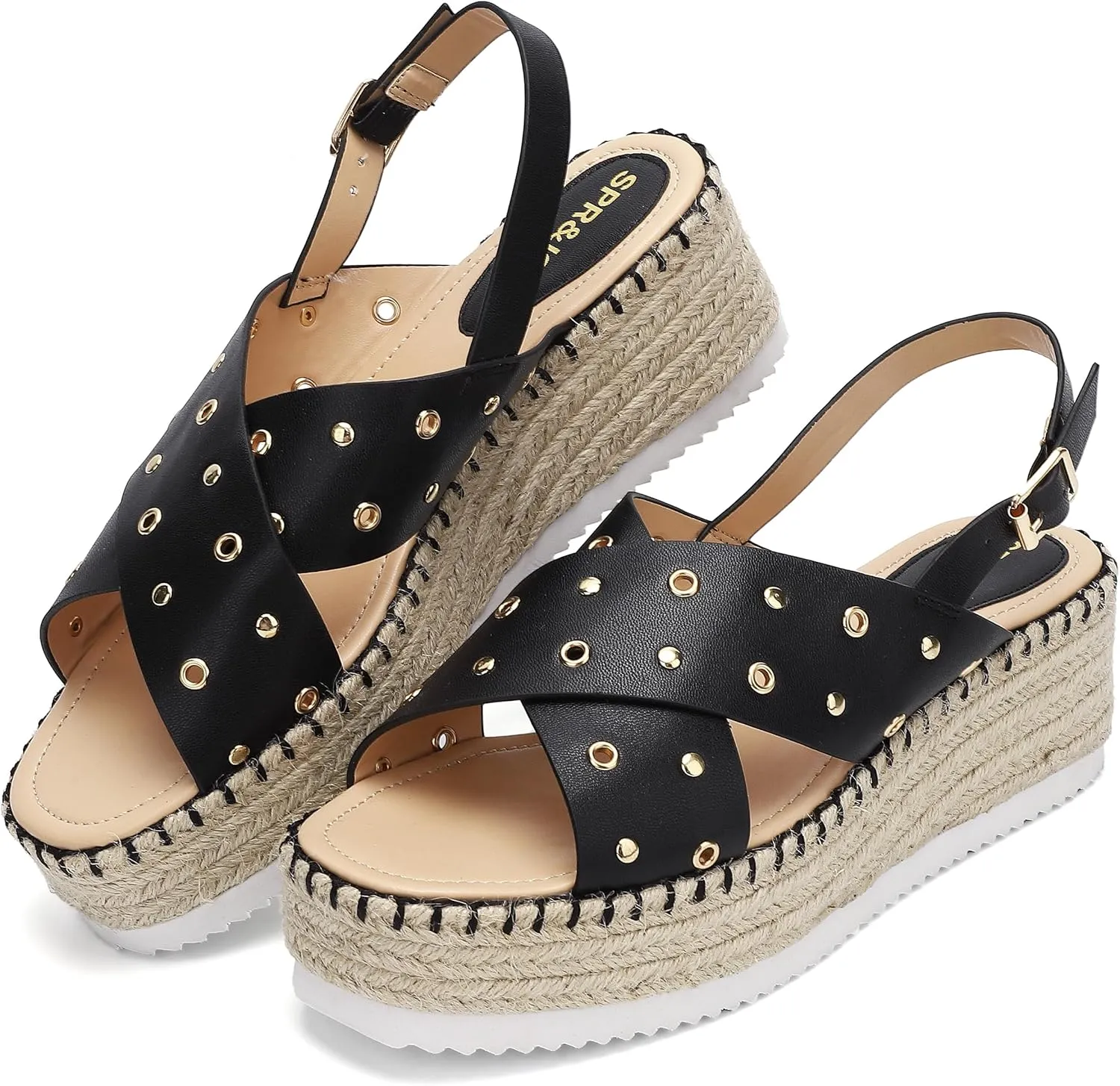 SPR&JOY Womens Corss Strap Platform Sandals Open Toe Ankle Strap Mid Heel Wedge Sandals
