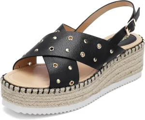 SPR&JOY Womens Corss Strap Platform Sandals Open Toe Ankle Strap Mid Heel Wedge Sandals