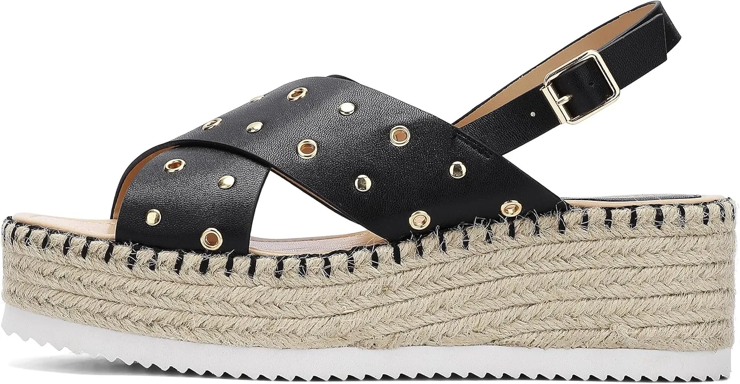 SPR&JOY Womens Corss Strap Platform Sandals Open Toe Ankle Strap Mid Heel Wedge Sandals