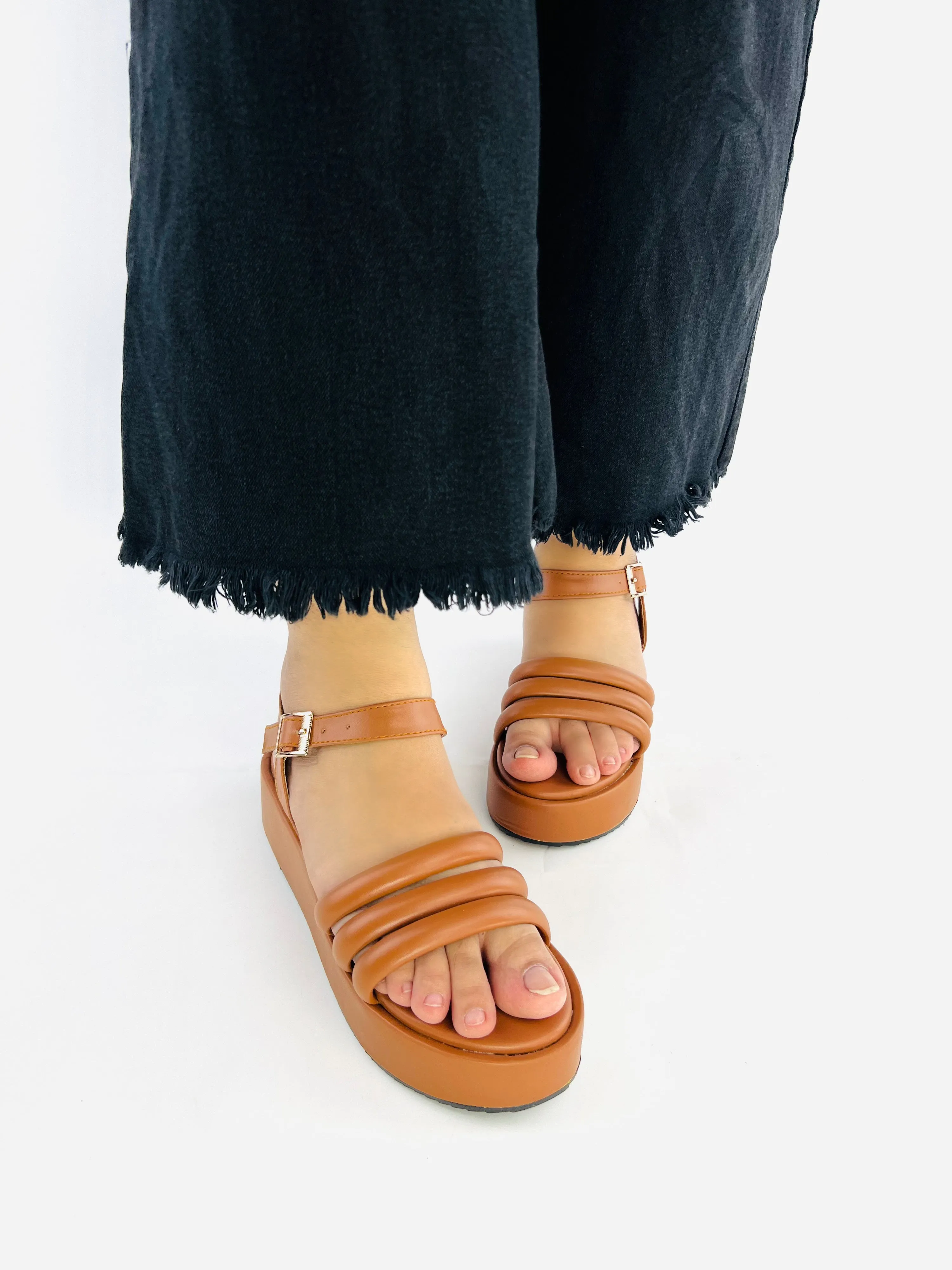 Spunkz Camel Brown Suede Wedge Ankle Strap Sandals-11027
