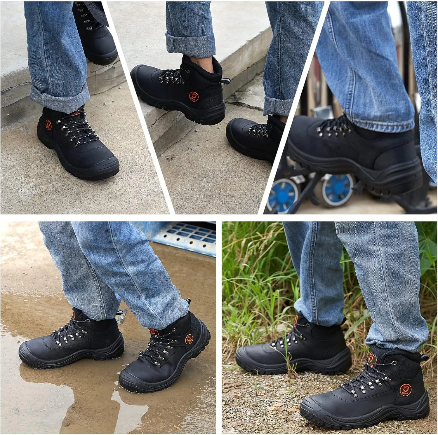 Steel Toe Boots for Men Oil Full Grain Cowhide Leather Waterproof Work Boots for Men, Non Slip Industrial and Construction Mens Work Boots Black
