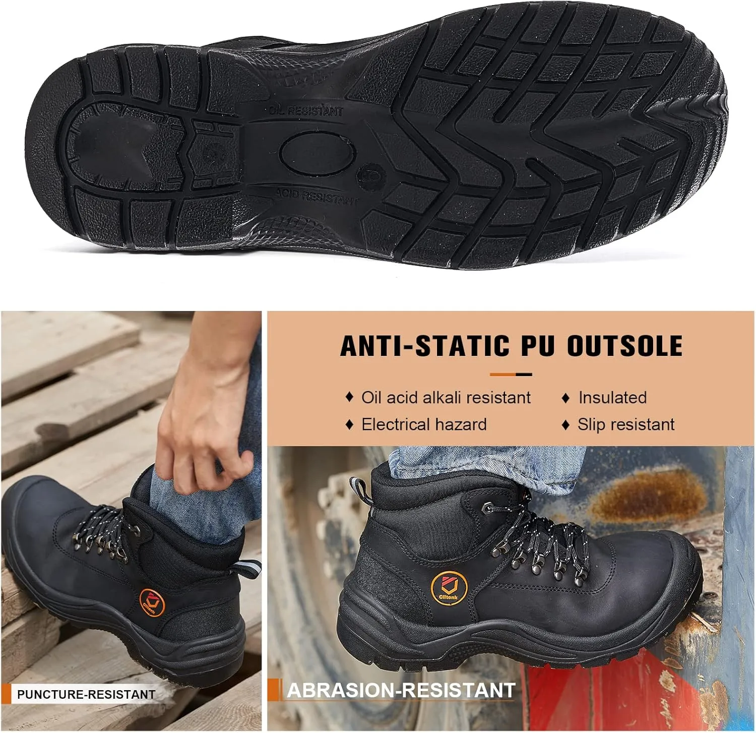 Steel Toe Boots for Men Oil Full Grain Cowhide Leather Waterproof Work Boots for Men, Non Slip Industrial and Construction Mens Work Boots Black