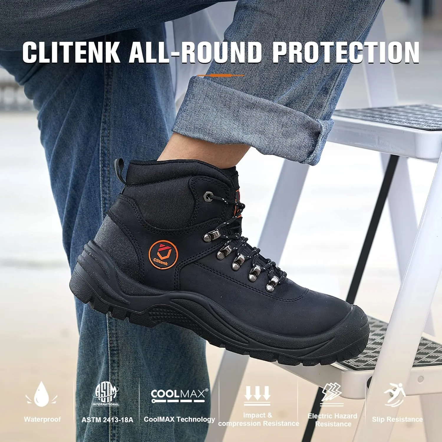 Steel Toe Boots for Men Oil Full Grain Cowhide Leather Waterproof Work Boots for Men, Non Slip Industrial and Construction Mens Work Boots Black