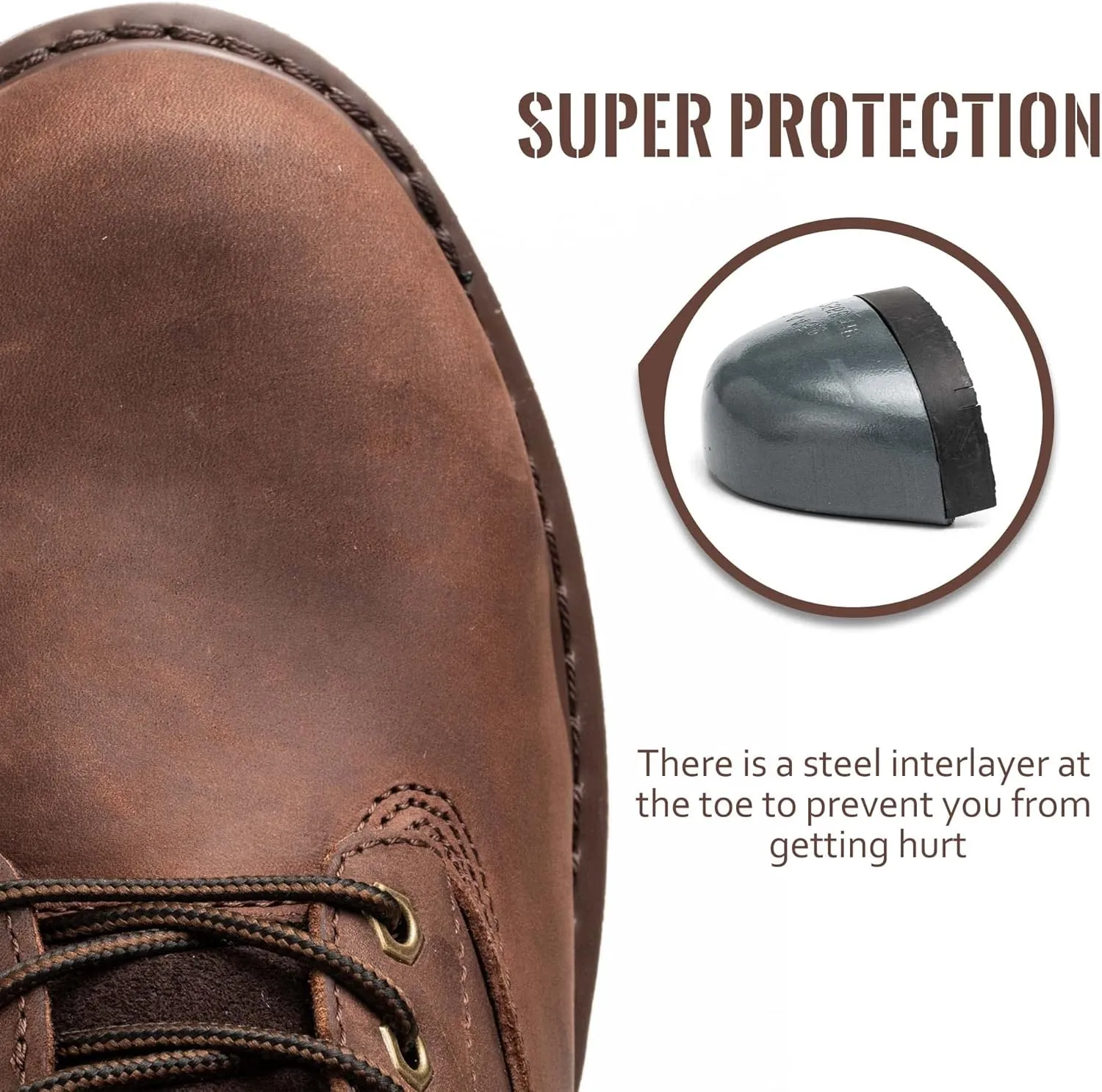 Steel Toe Work Boots for Men, 6-Inch Non Slip Comfortable Leather Waterproof Industrial Construction Safety Workboots