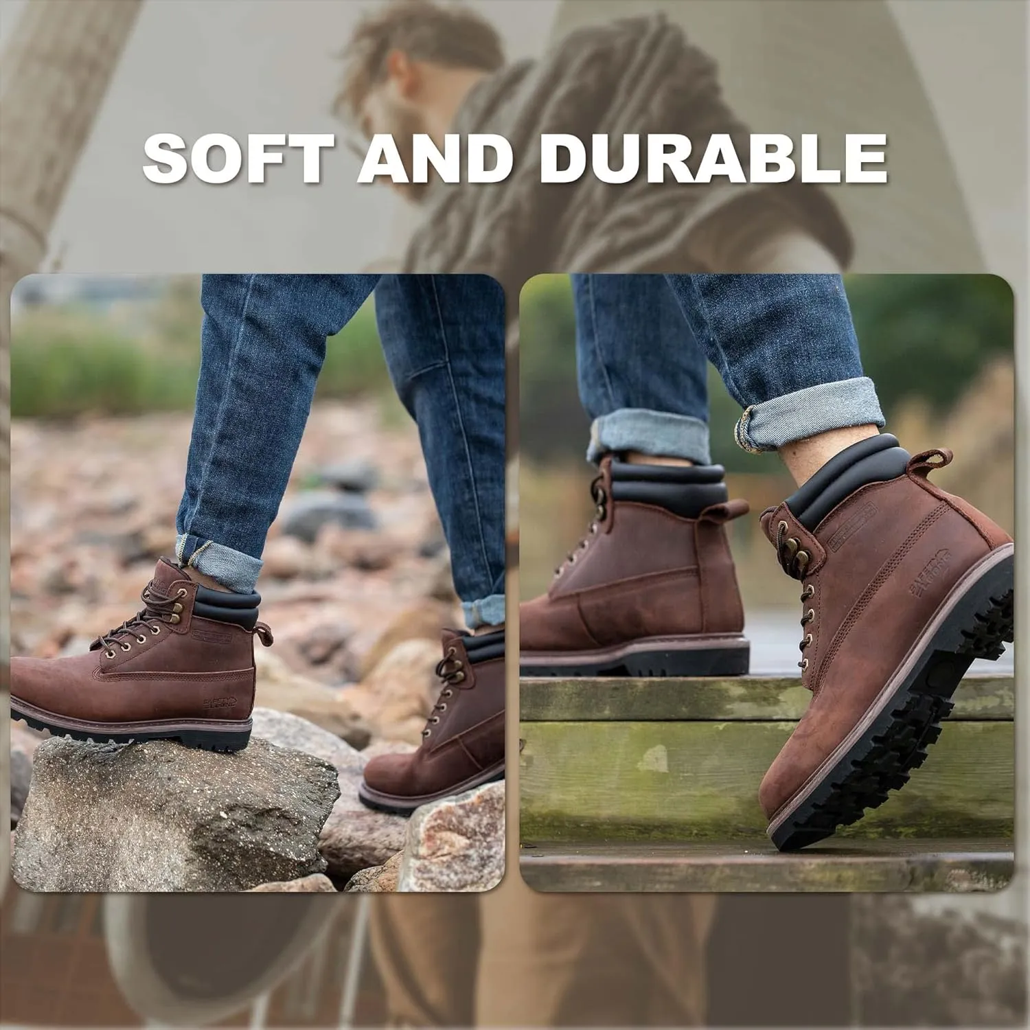 Steel Toe Work Boots for Men, 6-Inch Non Slip Comfortable Leather Waterproof Industrial Construction Safety Workboots
