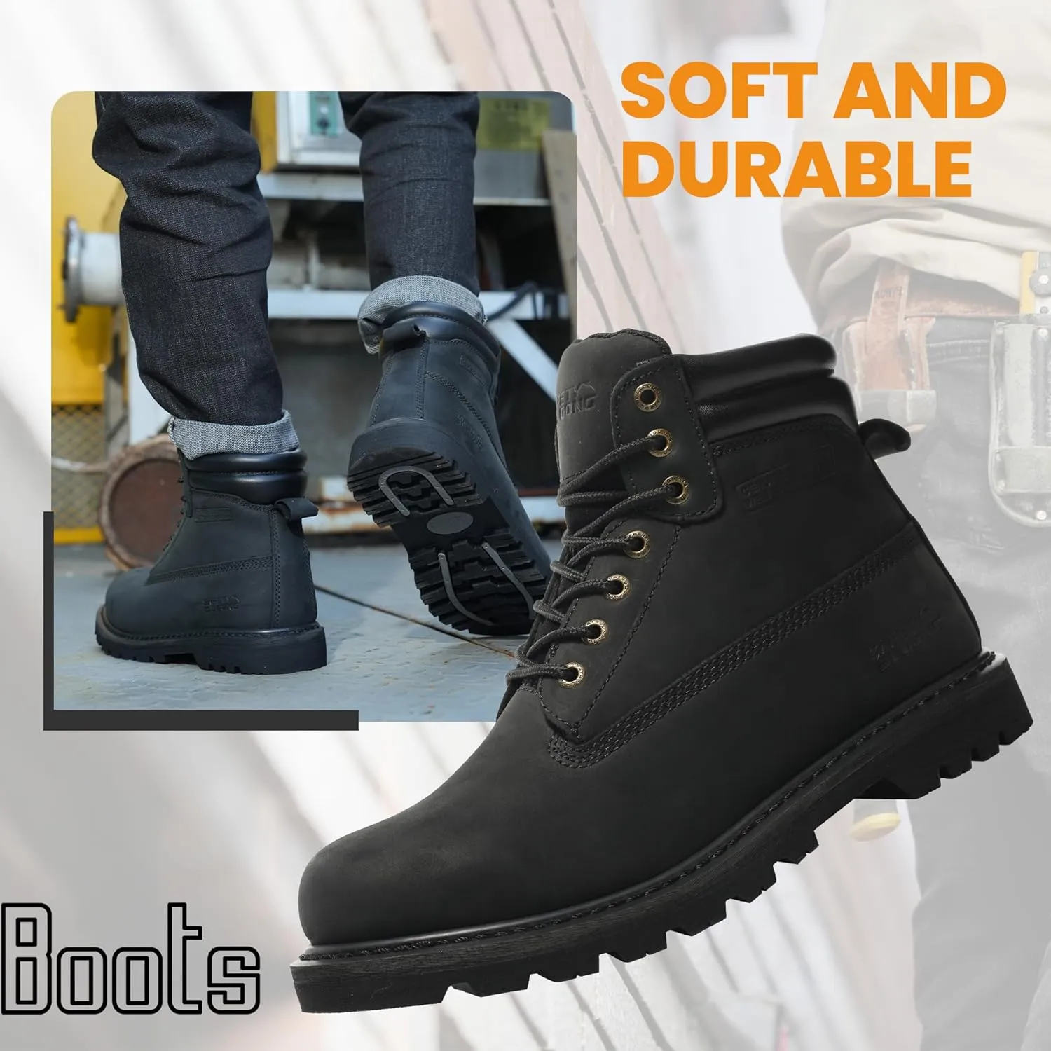 Steel Toe Work Boots for Men, 6-Inch Non Slip Comfortable Leather Waterproof Industrial Construction Safety Workboots