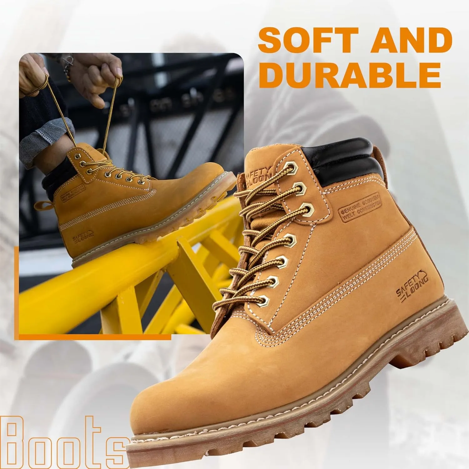 Steel Toe Work Boots for Men, 6-Inch Non Slip Comfortable Leather Waterproof Industrial Construction Safety Workboots