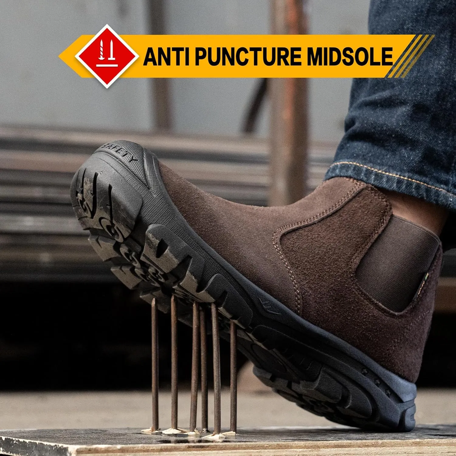 Steel Toe Work Boots for Men Women Slip-on Chelsea Boots, Men's Industrial Construction Shoes, Waterproof, Lightweight, Comfortable, Non-slip Safety Boots…