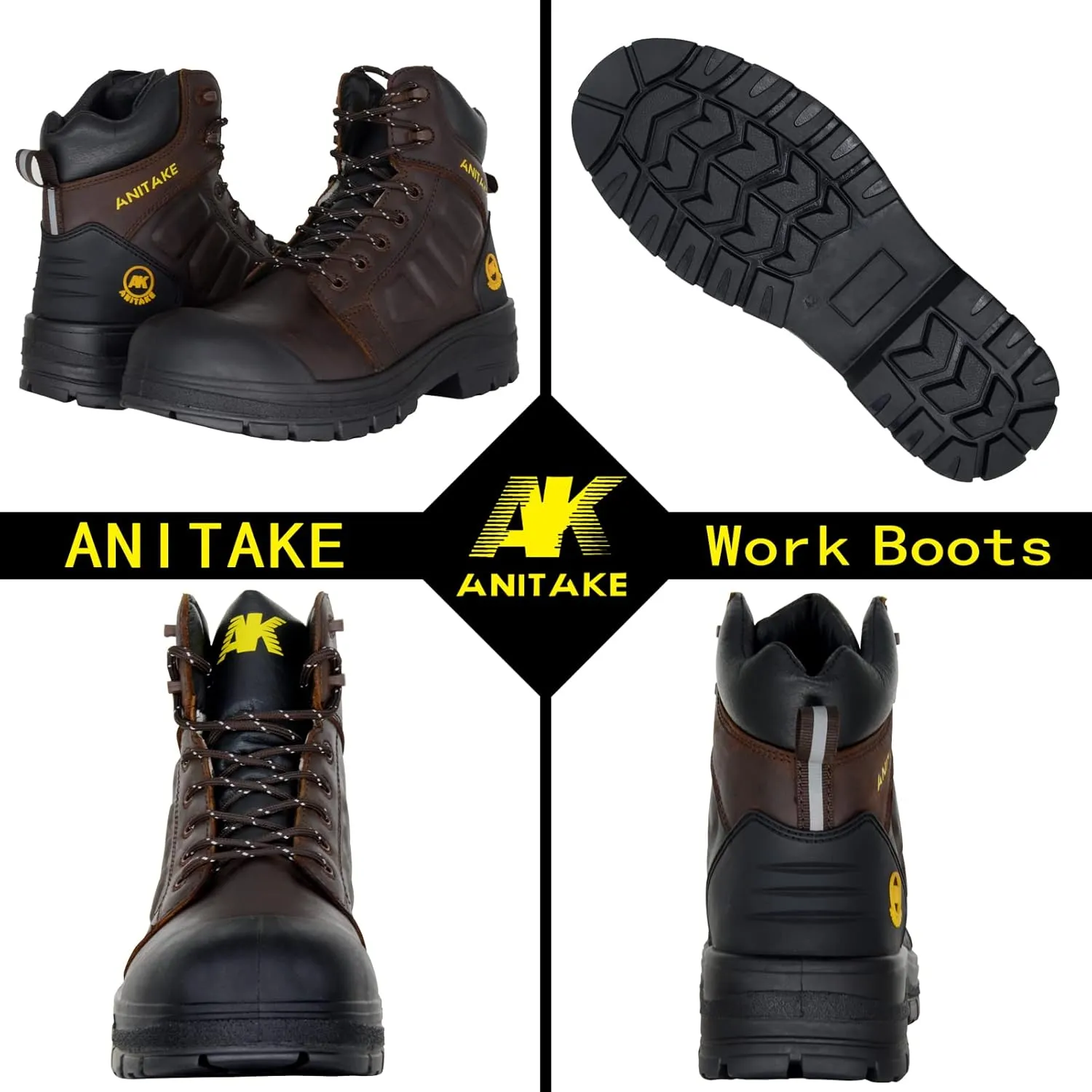 Steel Toe Work Boots for Men,6 inch, Full Grain Leather, electrical insulation, Non-Slip, Impact Resistance, Breathable & Comfortable Safety Boots