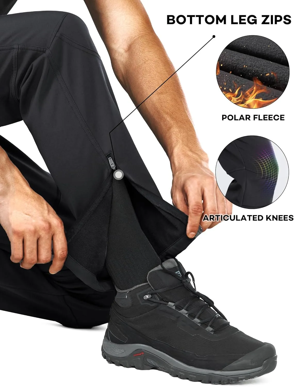 Stlight Mens Snow Ski Water Repellent Softshell Pants for Winter Hiking Fleece Lined Bottom Leg Zipper with 6 Zip Pockets