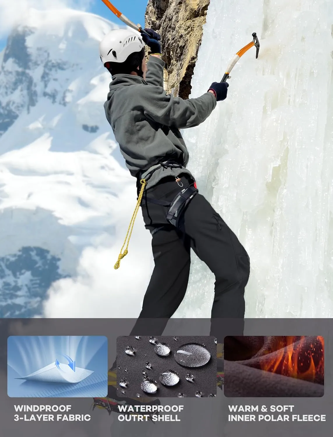 Stlight Mens Snow Ski Water Repellent Softshell Pants for Winter Hiking Fleece Lined Bottom Leg Zipper with 6 Zip Pockets