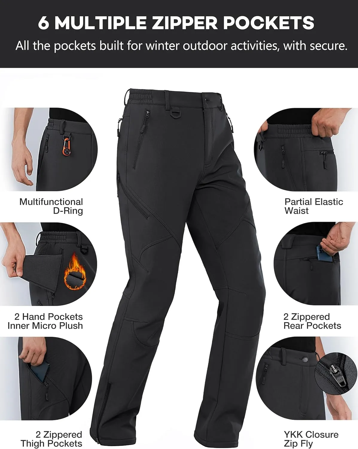 Stlight Mens Snow Ski Water Repellent Softshell Pants for Winter Hiking Fleece Lined Bottom Leg Zipper with 6 Zip Pockets