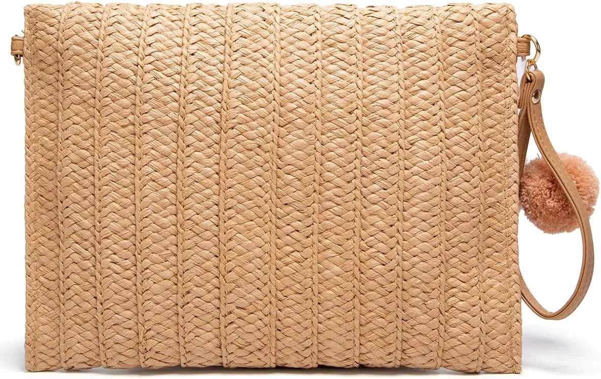 Straw Clutch Women Hand-woven PomPom Crossbody Bag Summer Beach Envelope Purse Wallet