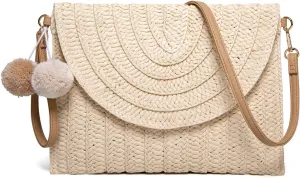 Straw Clutch Women Hand-woven PomPom Crossbody Bag Summer Beach Envelope Purse Wallet